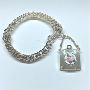 Vintage Miniature Guilloche Enamel Red Rose Scent Bottle Charm/Pendant Bracelet